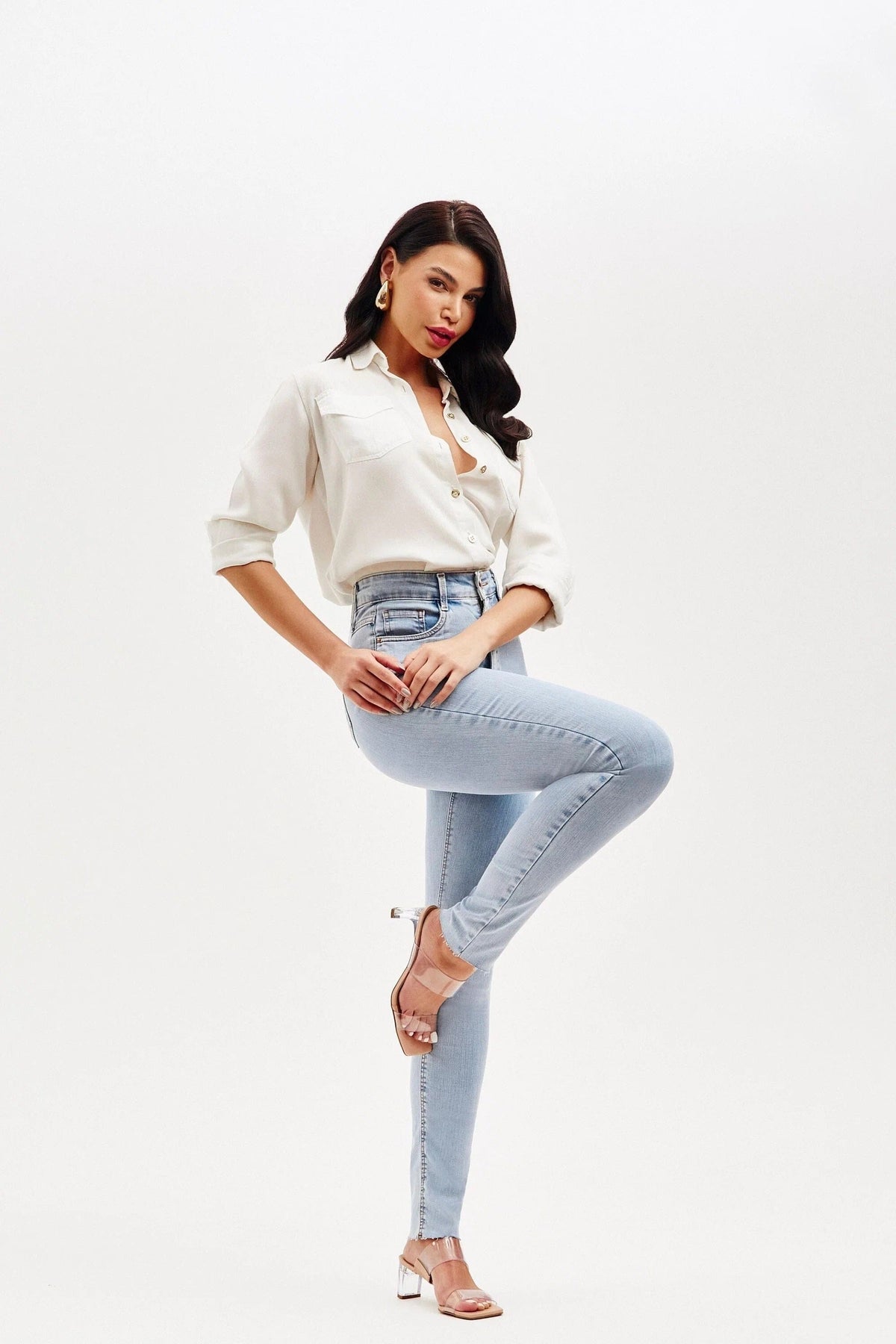 Calça Jeans Modeladora Revolucionária Skinny Clara Cós Super Alto Calça Jeans MRL-128 Miralleve
