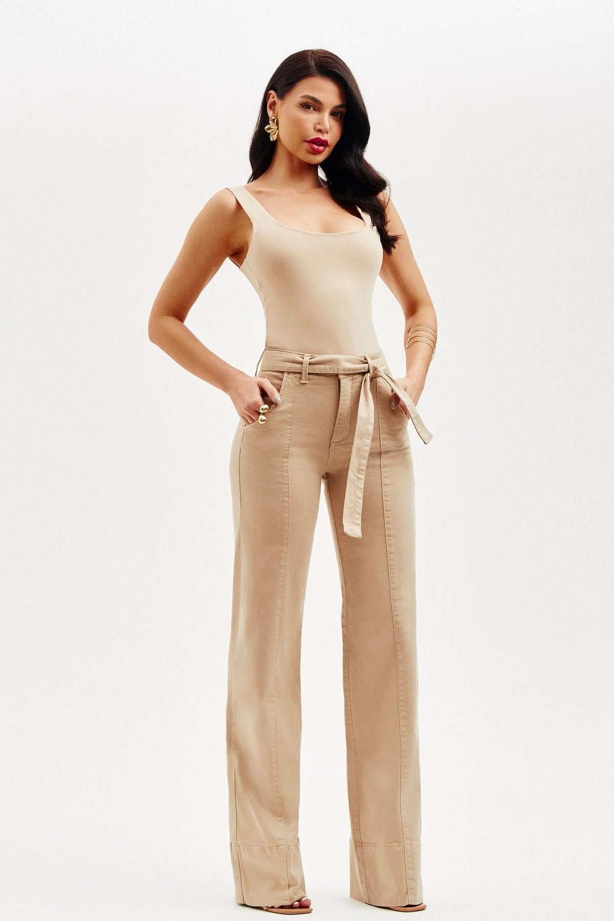 Calça Jeans de Rica Tecnológica Wide Leg Nude Cós Médio Calça Jeans MRL-122 Miralleve