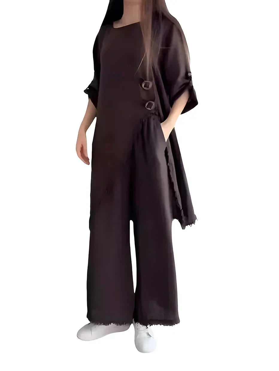 Conjunto Feminino de Gola Redonda Longo de Algodão e Linho (CONFORT V3) - Miranini Conjunto Feminino MRL-036 Miralleve Café P