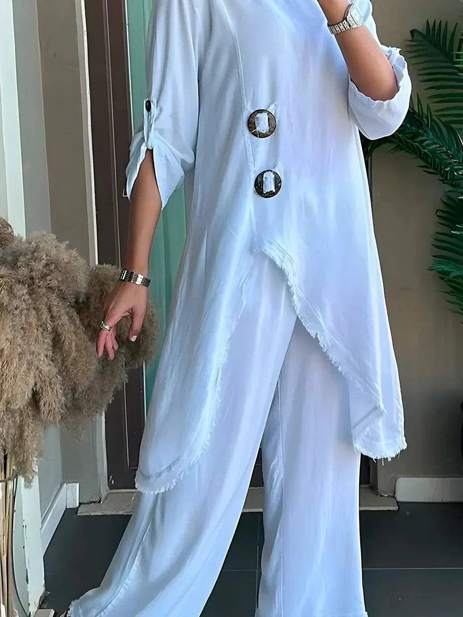 Conjunto Feminino de Gola Redonda Longo de Algodão e Linho (CONFORT V3) - Miranini Conjunto Feminino MRL-036 Miralleve Branco P