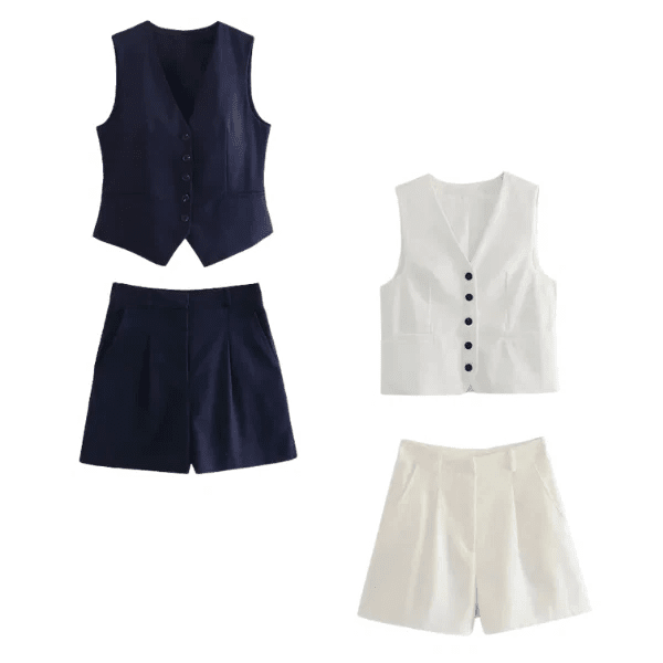 Conjunto Feminino em Alfaiataria - Colete e Shorts no Linho (Promoção Compre 1 Leve 2) Conjunto Feminino MRL-086 Miralleve Azul + Branco P