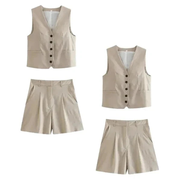 Conjunto Feminino em Alfaiataria - Colete e Shorts no Linho (Promoção Compre 1 Leve 2) Conjunto Feminino MRL-086 Miralleve Bege + Bege P