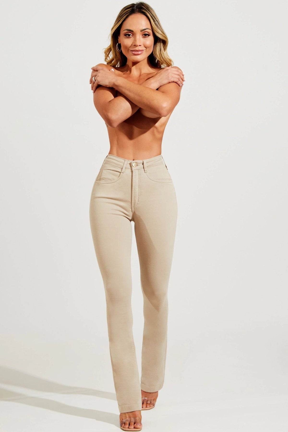 Calça Jeans Modeladora Boot Cut Nude Cós Médio Calça Jeans MRL-125 Miralleve 