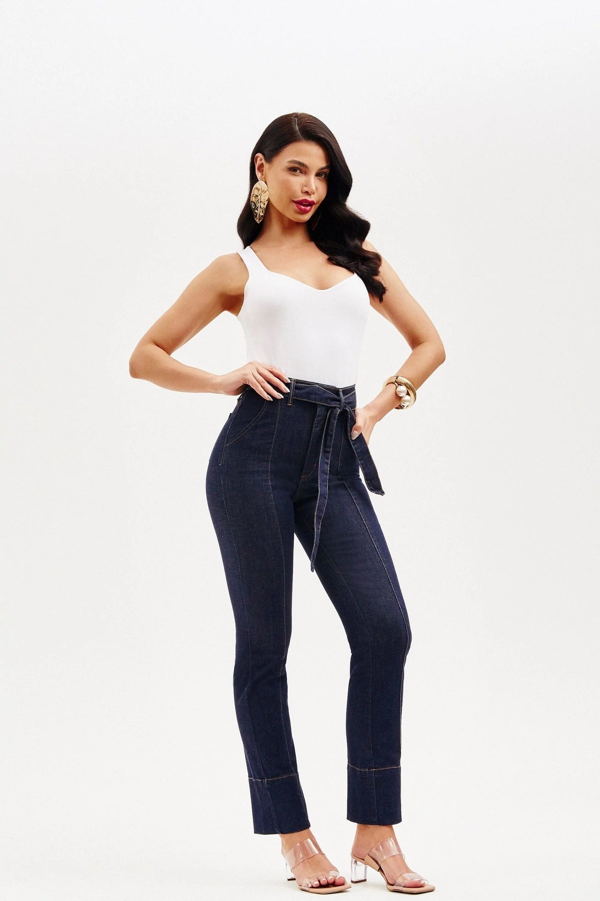 Calça Jeans de Rica Tecnológica Reta Cós Super Alto Calça Jeans MRL-120 Miralleve 