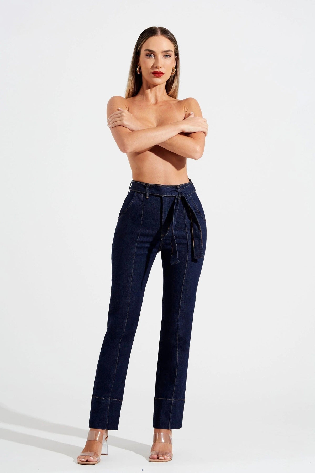 Calça Jeans de Rica Tecnológica Reta Cós Super Alto Calça Jeans MRL-120 Miralleve 