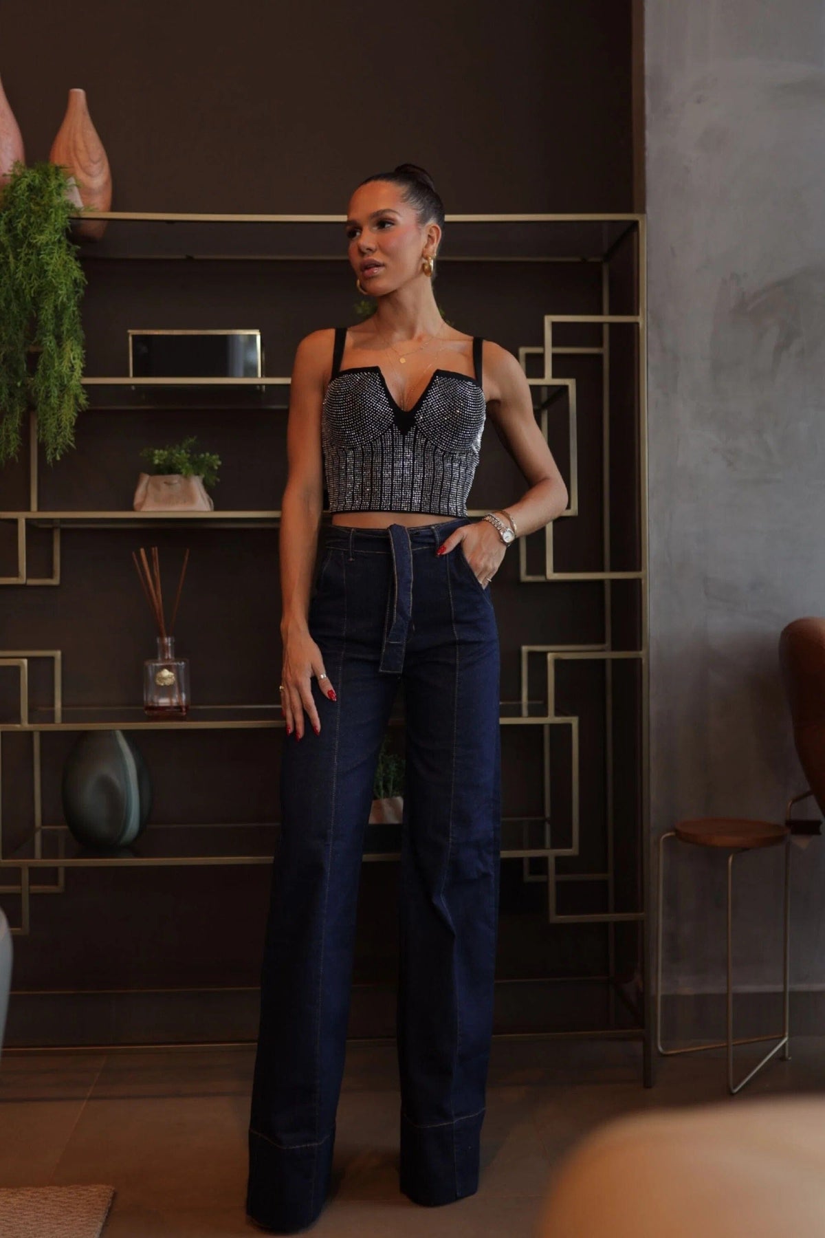Calça Jeans de Rica Tecnológica Wide Leg Cós Super Alto Calça Jeans MRL-121 Miralleve 