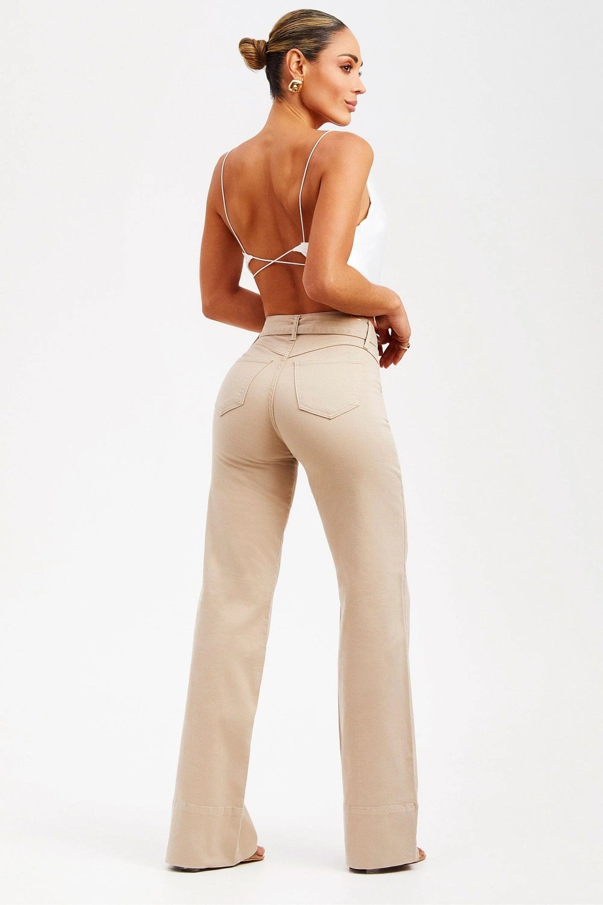 Calça Jeans de Rica Tecnológica Wide Leg Nude Cós Médio Calça Jeans MRL-122 Miralleve 
