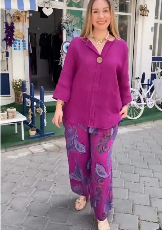 Conjunto com Botão Estampado Vivian Conjunto Botão MRL-161 Miralleve Roxo P 