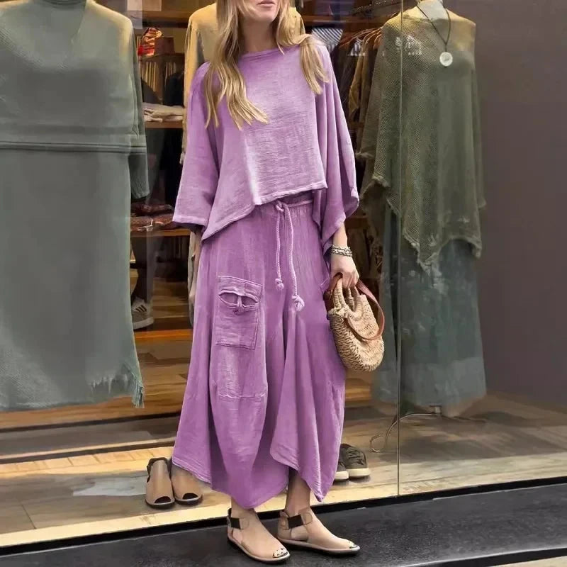 Conjunto Feminino em Linho e Algodão Vintage - [Frete Grátis] Conjunto Feminino MRL-035 Miralleve Lilás P 