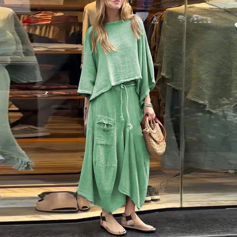 Conjunto Feminino em Linho e Algodão Vintage - [Frete Grátis] Conjunto Feminino MRL-035 Miralleve Verde P 